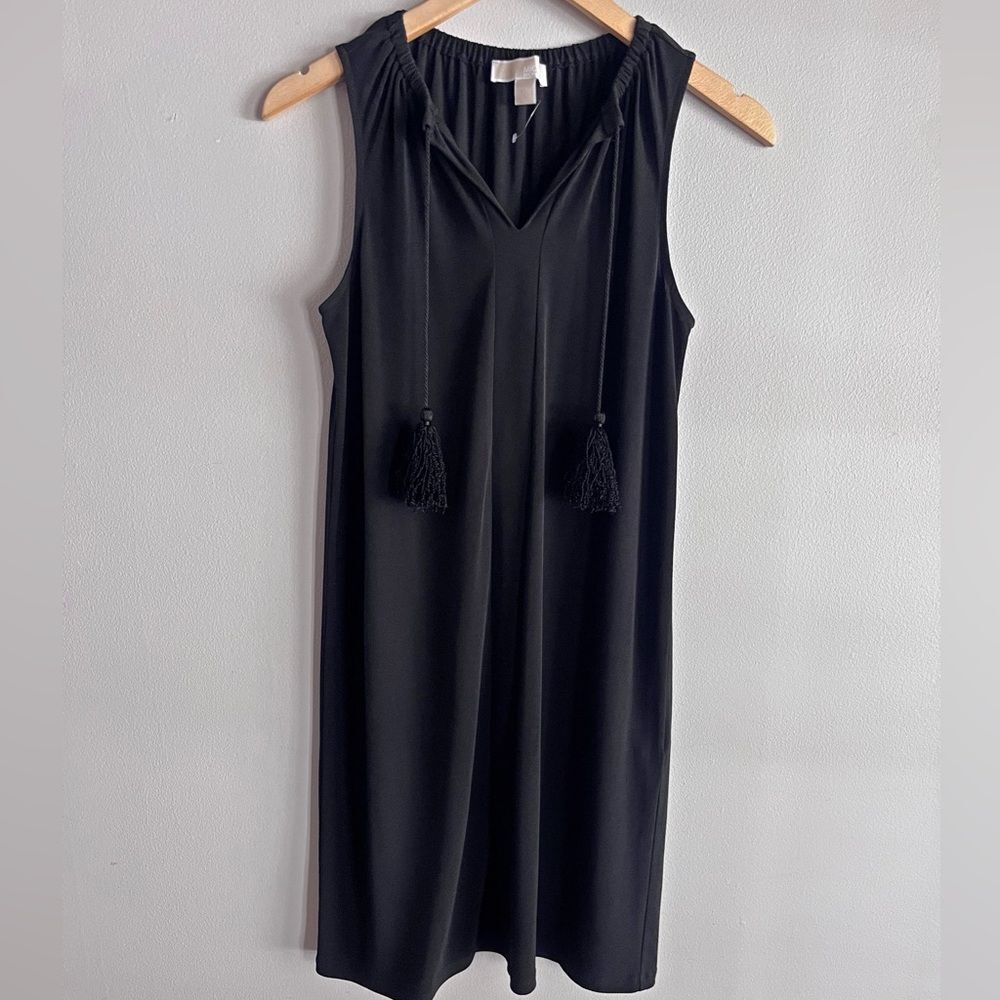 Michael Kors Black Shift Dress XS Tassel Tie Neck Sleeveless Boho